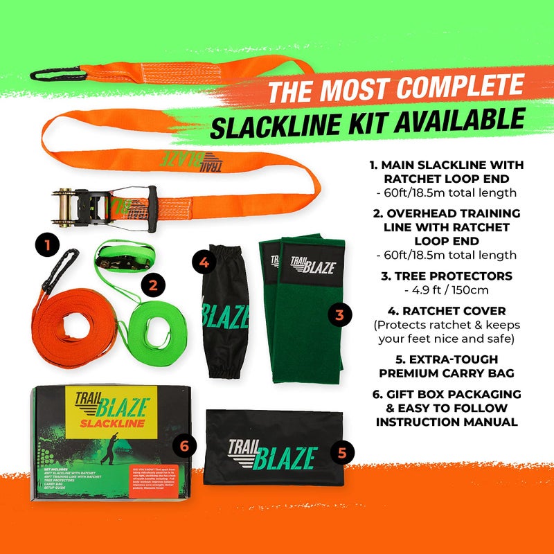 Trailblaze مجموعة كاملة من خطوط الارتخاء مع خط تدريب - خط أطول بطول 60 قدمًا لحماية الأشجار وخطوط ارتخاء للفناء الخلفي للأطفال والكبار وحبل مشدود وخطوط ترهل النينجا ومضمار عوائق للأطفال مجموعة خطوط ترهل - Image 2